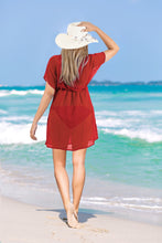 Cargar imagen en el visor de la galería, Effortless Elegant Red Sheer Solid V-Neck Beach Cover up For Women