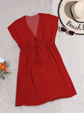 Cargar imagen en el visor de la galería, Effortless Elegant Red Sheer Solid V-Neck Beach Cover up For Women