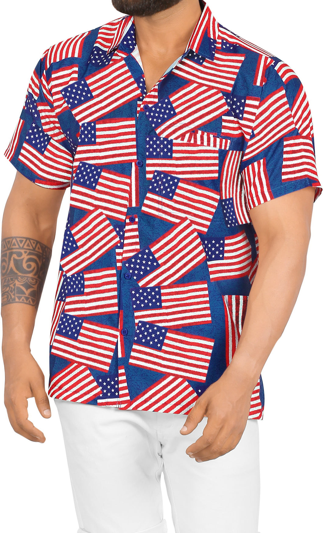 Patriotic American Flag Printed Hawaiian Beach Shirts For Men P00009