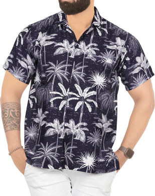 Navy Blue Allover Tropical Palm Tree Printed Hawaiian Beach Shirts For Men P00016