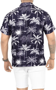 Navy Blue Allover Tropical Palm Tree Printed Hawaiian Beach Shirts For Men P00016