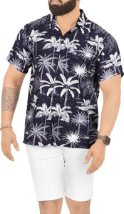 Navy Blue Allover Tropical Palm Tree Printed Hawaiian Beach Shirts For Men P00016