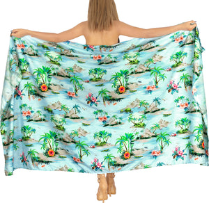 Blue Non-Sheer Beach View and Floral Print Beach Wrap For Women