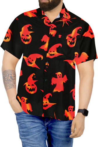 La Leela Halloween Men's Pumpkin And Ghost Printed Black Shirt