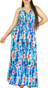 Royal Blue and White Floral Printed Halter Neck Long Dress