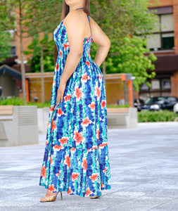 Royal Blue and White Floral Printed Halter Neck Long Dress