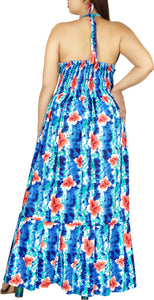 Royal Blue and White Floral Printed Halter Neck Long Dress