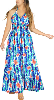 Royal Blue and White Floral Printed Halter Neck Long Dress