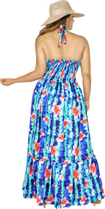 Royal Blue and White Floral Printed Halter Neck Long Dress