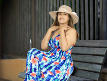 Cargar imagen en el visor de la galería, Royal Blue and White Floral Printed Halter Neck Long Dress