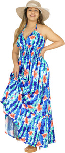 Royal Blue and White Floral Printed Halter Neck Long Dress