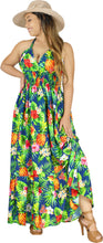 Load image into Gallery viewer, Resort Chic Navy Blue Tropical Floral and Pineapple Print Halter Neck Long Dress