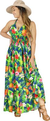 Resort Chic Navy Blue Tropical Floral and Pineapple Print Halter Neck Long Dress