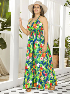 Resort Chic Navy Blue Tropical Floral and Pineapple Print Halter Neck Long Dress