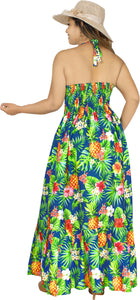 Resort Chic Navy Blue Tropical Floral and Pineapple Print Halter Neck Long Dress