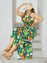 Load image into Gallery viewer, Resort Chic Navy Blue Tropical Floral and Pineapple Print Halter Neck Long Dress