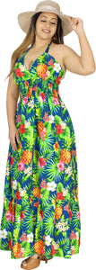 Resort Chic Navy Blue Tropical Floral and Pineapple Print Halter Neck Long Dress