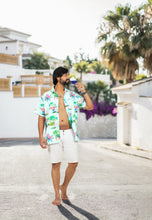 Load image into Gallery viewer, Blue Island Floral and Boat Printed Hawaiian Beach Shirt For Men