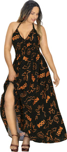 La Leela Women's Halloween Halter Neck BOO Ghost and Bat Print Black Color Long Flowy Dress