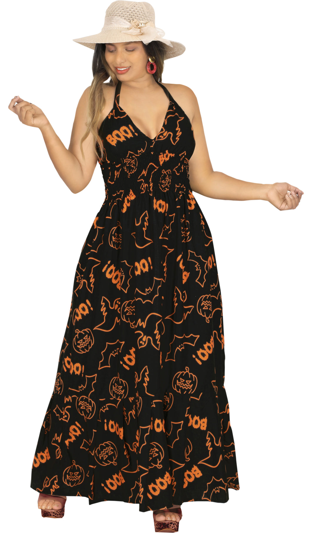 La Leela Women's Halloween Halter Neck BOO Ghost and Bat Print Black Color Long Flowy Dress