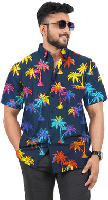 Navy Blue Allover Multicolor Palm Tree Printed Hawaiian Beach Shirt For Men