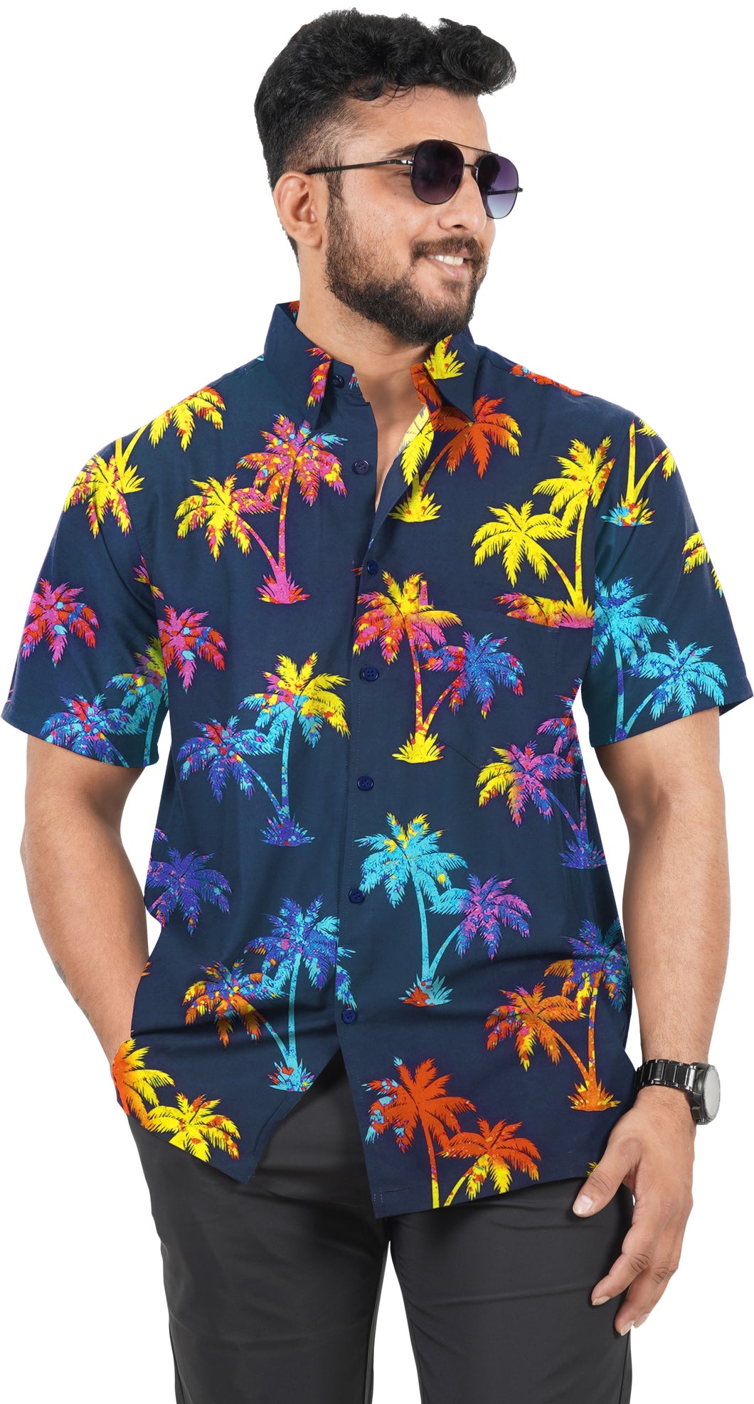 Navy Blue Allover Multicolor Palm Tree Printed Hawaiian Beach Shirt For Men