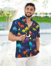 Load image into Gallery viewer, Navy Blue Allover Multicolor Palm Tree Printed Hawaiian Beach Shirt For Men