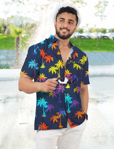 Navy Blue Allover Multicolor Palm Tree Printed Hawaiian Beach Shirt For Men