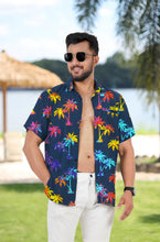 Load image into Gallery viewer, Navy Blue Allover Multicolor Palm Tree Printed Hawaiian Beach Shirt For Men