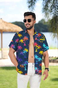 Navy Blue Allover Multicolor Palm Tree Printed Hawaiian Beach Shirt For Men