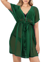 Load image into Gallery viewer, Solid Olive Green Sheer  V-Neck Beach Cover up For Women