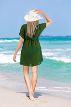 Load image into Gallery viewer, Solid Olive Green Sheer  V-Neck Beach Cover up For Women