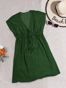 Solid Olive Green Sheer  V-Neck Beach Cover up For Women