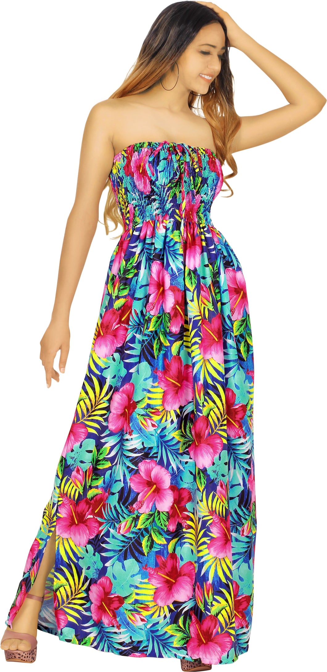 Multicolor Allover Flower Printed Long Tube Dress For Women