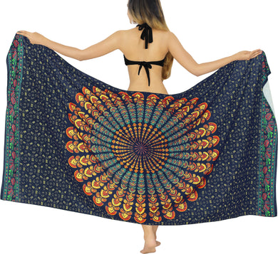 Navy Blue Non-Sheer Mandala Print Beach Wrap For Women