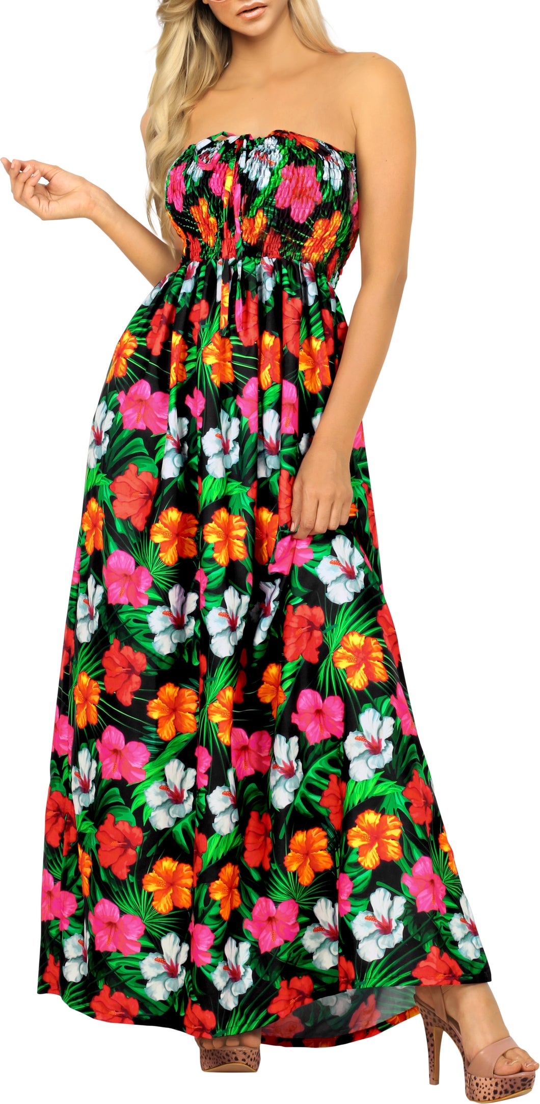 Black Allover Multi-Color Tropical Floral Print Strapless Long Dress