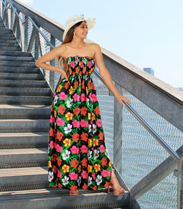 Black Allover Multi-Color Tropical Floral Print Strapless Long Dress