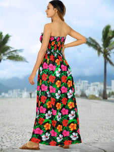 Black Allover Multi-Color Tropical Floral Print Strapless Long Dress