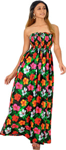 Black Allover Multi-Color Tropical Floral Print Strapless Long Dress