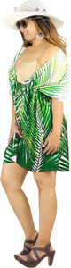 Tropical Paradise Green Non-Sheer Palm Leaves Printed V-Neck Beach Cover up For Women