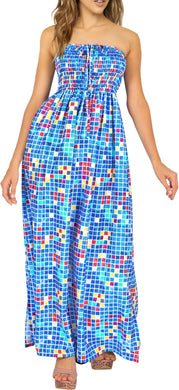 Blue Colorful Blocks Printed Long Tube Dress For Women