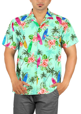 Sea Green Palm Tree Surf Boards and Floral Printed Hawaiian Beach Shirt For Men