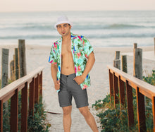 Load image into Gallery viewer, Sea Green Palm Tree Surf Boards and Floral Printed Hawaiian Beach Shirt For Men