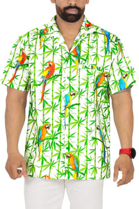 Allover White Parrot and Leaves Printed Hawaiian Beach Shirt For Men