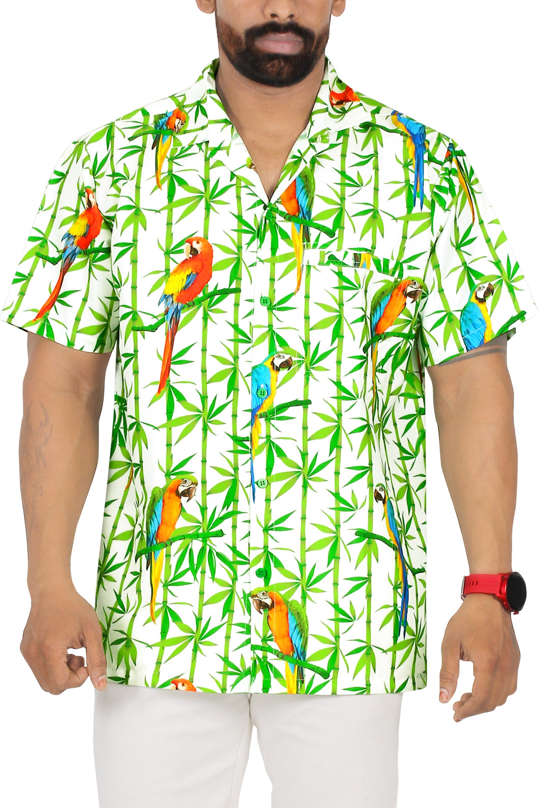 Allover White Parrot and Leaves Printed Hawaiian Beach Shirt For Men