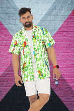 Load image into Gallery viewer, Allover White Parrot and Leaves Printed Hawaiian Beach Shirt For Men