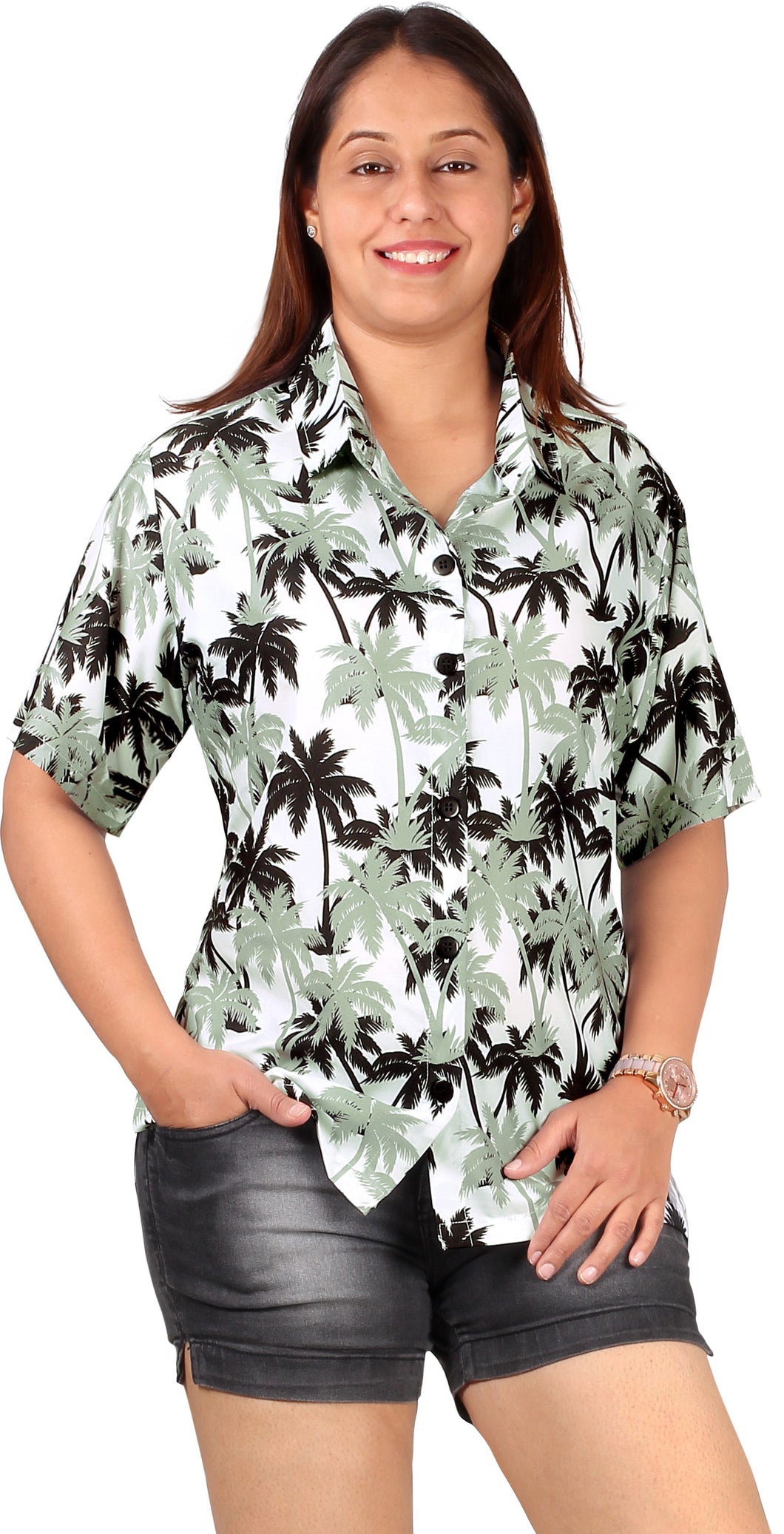 Gray Tropical Palm Tree Printed Hawaiian Shirts For Women