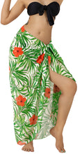 Cargar imagen en el visor de la galería, White Sheer Beach Wrap For Women with Red Hibiscus and palm Leaf Print