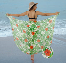 Cargar imagen en el visor de la galería, White Sheer Beach Wrap For Women with Red Hibiscus and palm Leaf Print