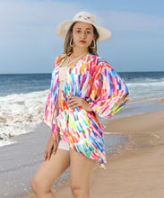 Cargar imagen en el visor de la galería, Sheer Artistic Varicolor Stripes Printed Kimono Shrug Jacket Cover up